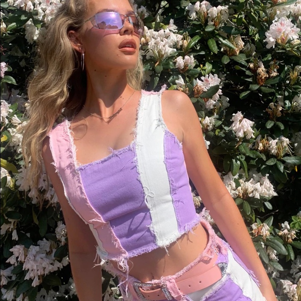 NWT Jaded London Pink Pastel Denim Patchwork Corset Crop Top, US 6, S M, Purple